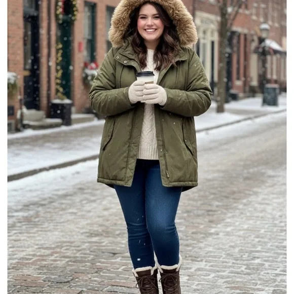 Old Navy Women's Green Puffer Jacket with Faux Fur Hood - Picture 2 of 11